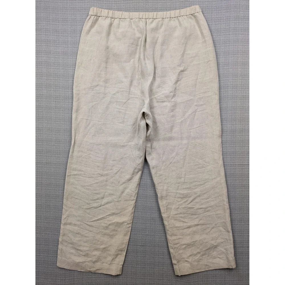 Eileen Fisher Pants Womens M Beige Linen Ankle Elastic Waist Pockets Relaxed Fit